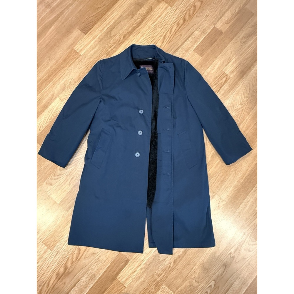 Vintage 70s Adams Row Richman Brothers Navy Trench Coat Faux Fur Liner Men's 42R